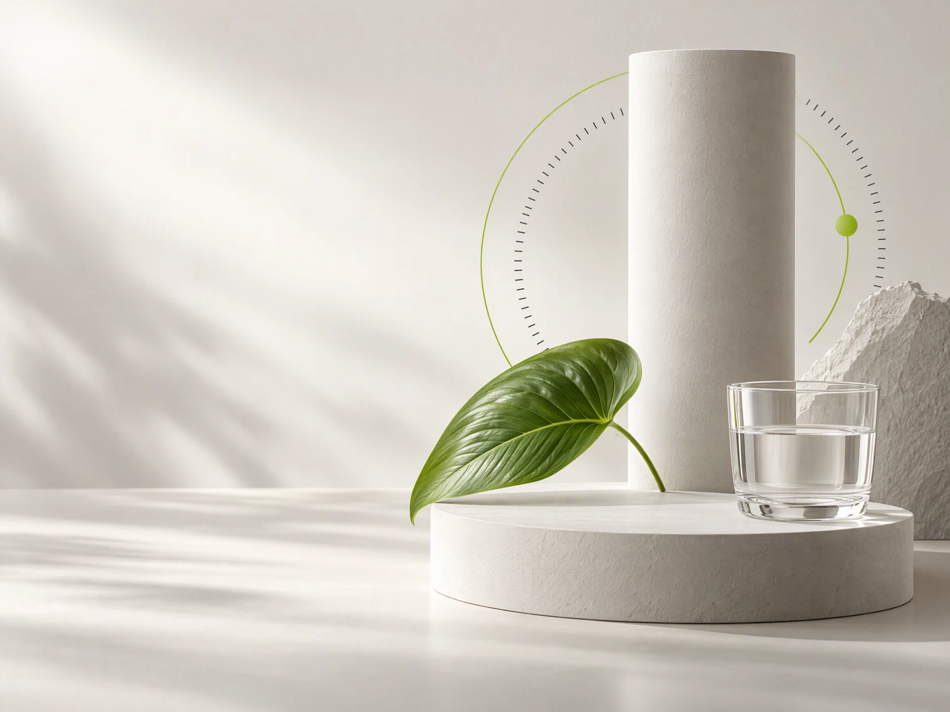 Conceptual wellness still life with abstract measurement rings; illustrative artwork, not a photograph of the JIDHKAAB facility
